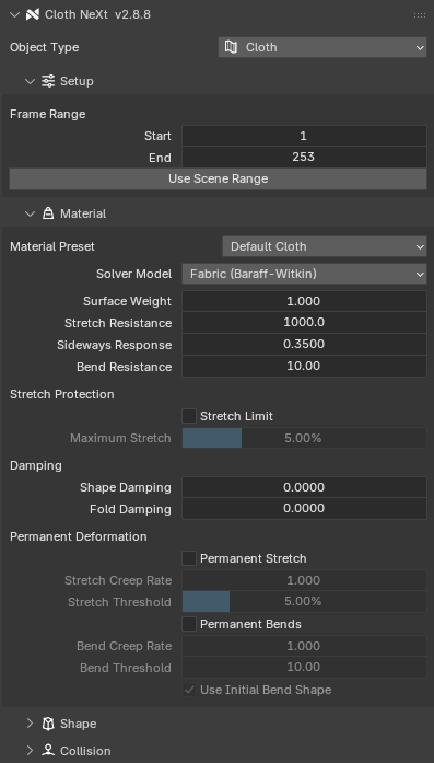 Cloth neXt panel in Blender showing frame range, material presets and cloth material settings