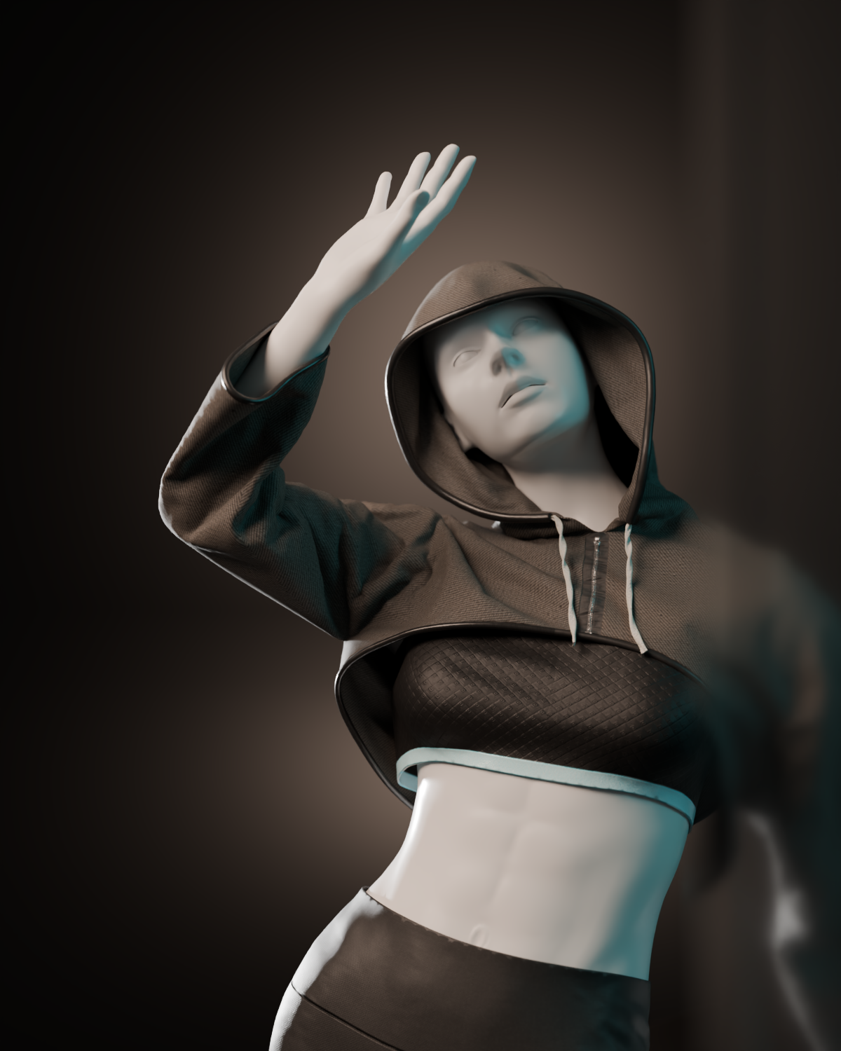 Close-up of a character wearing layered garments, showing hood, sleeve folds and fabric detail