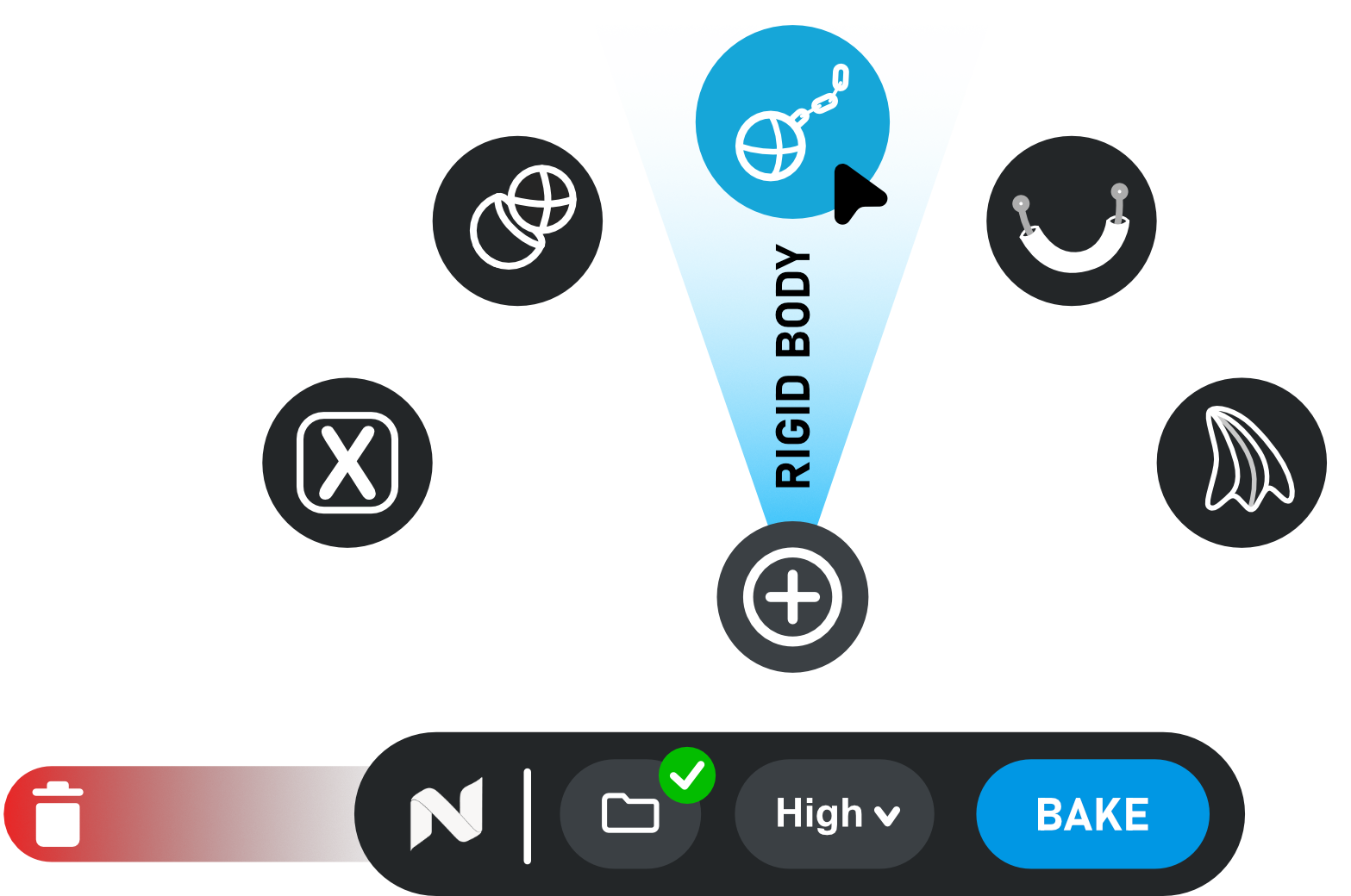 ARC neXt role selector with Rigid Body highlighted above the Cloth NeXt viewport toolbar