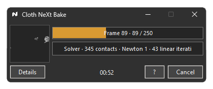 Cloth NeXt Bake companion showing frame progress and solver activity