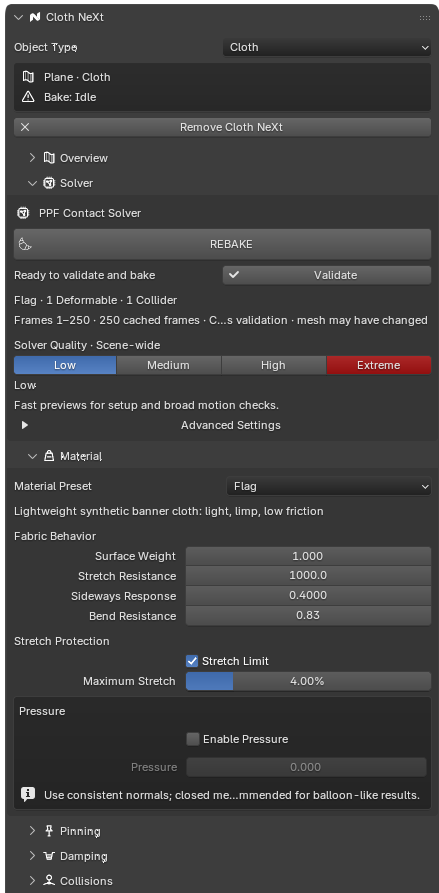 Cloth NeXt Physics Properties interface in Blender